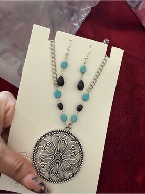 Silver Medallion Pendant Necklace with Turquoise and Black Beads - Women Jewelry